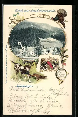 Passepartout-Lithographie Allerheiligen / Schwarzwald, Teilansicht vom Ort, Wappen und Jagdhund