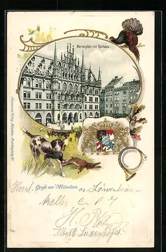 Passepartout-Lithographie München, Marienplatz mit Rathaus