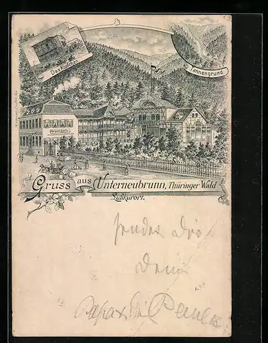 Lithographie Unterneubrunn /Thür. Wald, Gasthaus zur guten Quelle, das Köpfchen, Tannengrund