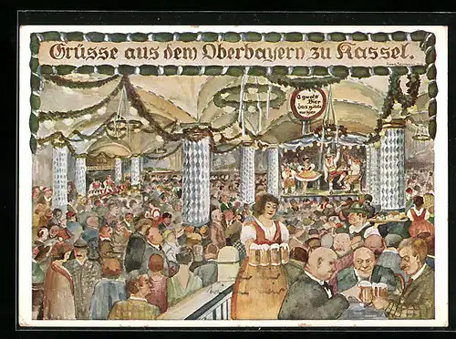 Künstler-AK Kassel, Gasthof Oberbayern am Bahnhof, Inhaber G. Reiss