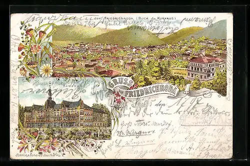 Lithographie Friedrichroda, Hotel Kurhaus, Teilansicht der Stadt