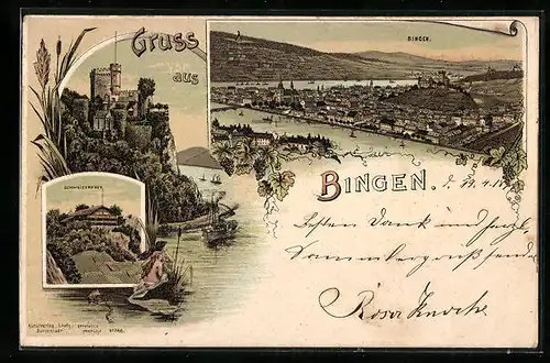 Lithographie Bingen, Schweizerhaus und Burg