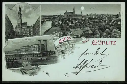 Mondschein-Lithographie Görlitz, Untermarkt, Bahnhof, Totalansicht