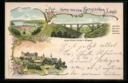 Lithographie Müngsten, Remscheider Thalsperre, Kaiser Wilhelm Brücke, Schloss Burg