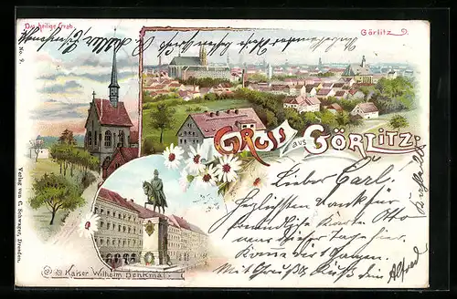 Lithographie Görlitz, Kaiser Wilhelm Denkmal, Totalansicht