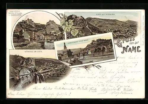 Lithographie Kreuznach, Ortsansicht mit Nahe, Münster am Stein, Kirn mit Kyrburg
