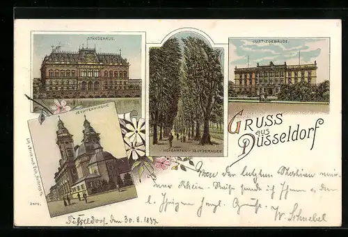 Lithographie Düsseldorf, Ständehaus, Jesuitenkirche, Justizgebäude
