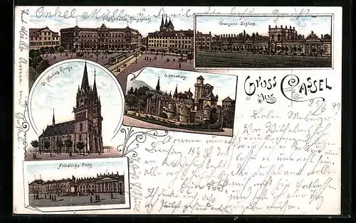 Lithographie Cassel, Friedrichs-Platz, Löwenburg, Orangerie-Schloss