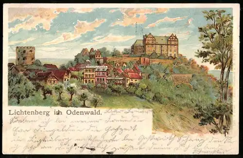 Lithographie Lichtenberg i. Odenwald, Ortsansicht, Burg, Haus Schellhaas
