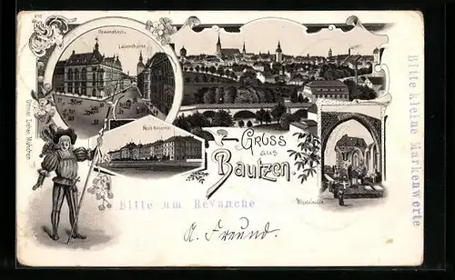 Lithographie Bautzen, Gewandhaus, Lauenstrasse und Neue Kaserne