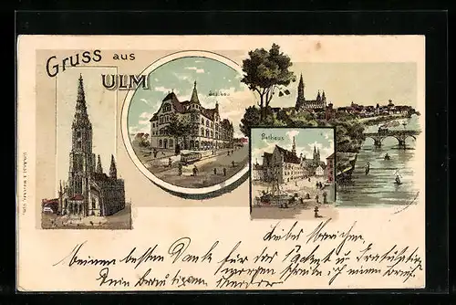 Lithographie Ulm, Münster, Saalbau, Rathaus