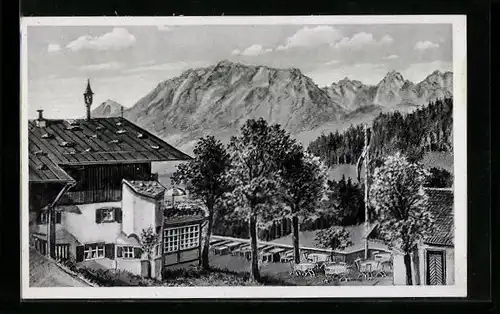 AK Oberaudorf a. Inn, Alpengasthof Hocheck mit Gartenrestaurant und Blick auf Alpen