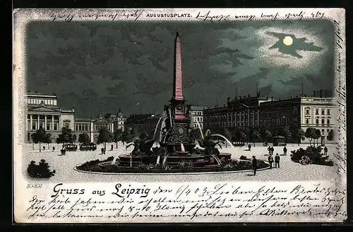 Mondschein-Lithographie Leipzig, Der Augustusplatz bei Nacht