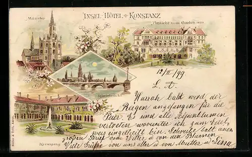 Lithographie Konstanz, Insel-Hotel, Gartenansicht, Kreuzgang, Münster
