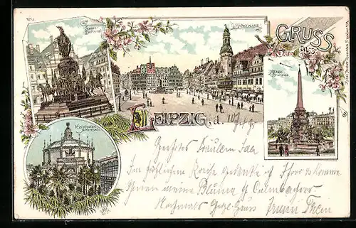 Lithographie Leipzig, Marktplatz, Mende-Brunnen, Sieges-Denkmal