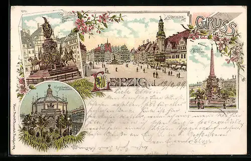 Lithographie Leipzig, Krystallpalast Alberthalle, Mendebrunnen und Siegesdenkmal