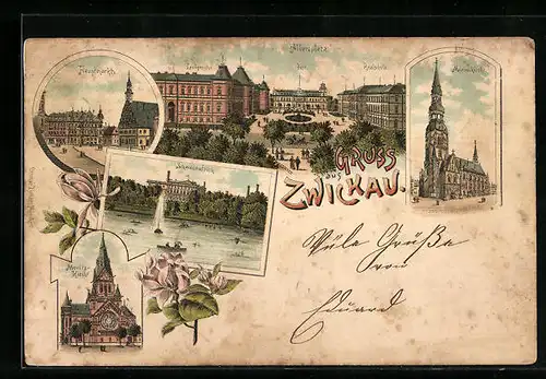 Lithographie Zwickau, Marienkirche, Hauptmarkt, Moritzkirche, Albertplatz