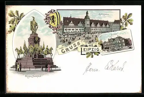 Lithographie Leipzig, Sieges-Denkmal, Rathaus, Börse