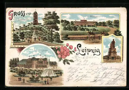 Lithographie Leipzig, Rennbahn, Palmengarten, Scherbelberg mit Aussichtsturm