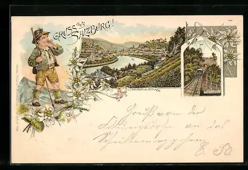 Lithographie Salzburg, Festungsbahn, Totalansicht, Knabe in Tracht