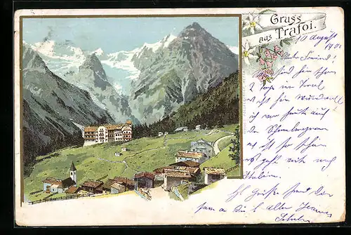 Lithographie Trafoi, Ortspartie mit Bergen