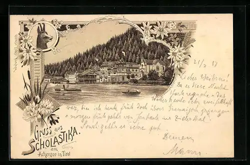 Lithographie Scholastika, Teilansicht mit Kurhäusern, Dampfer, Gams