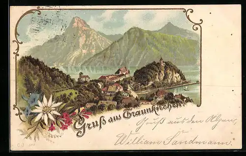Lithographie Traunkirchen, Teilansicht mit Bergpanorama, Edelweiss