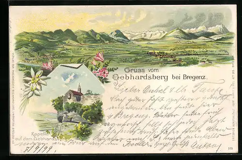 Lithographie Bregenz, Kapelle auf dem Gebhardsberg, Panorama