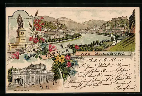 Lithographie Salzburg, Ortsansicht, Mozart-Denkmal, Stadttheater