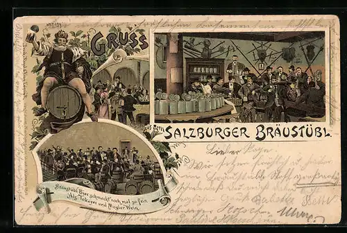 Lithographie Salzburg, Gasthaus Bräustübl, Zechende Gäste