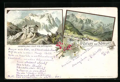 Lithographie Admont, Admonter Haus gegen den Natterriegel, Ortsansicht