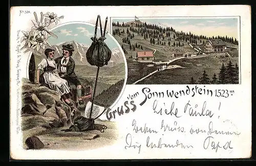 Lithographie Schottwien, Sonnwendstein, Gesamtansicht, Bergsteiger bei einer Rast