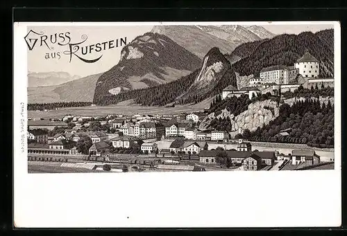 Lithographie Kufstein, Gesamtansicht mit Bergen