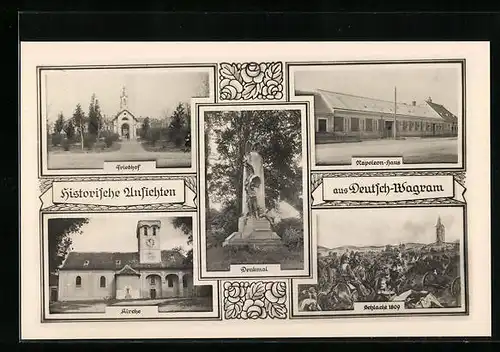 AK Deutsch-Wagram, Napoleon-Haus, Denkmal, Friedhof