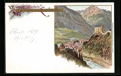 Lithographie Landeck, Flusspartie mit Ruine
