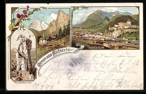 Lithographie Kufstein, Teufelskanzel, Totalansicht, Hinterbärnbad