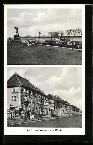 AK Worms am Rhein, Strassenpartie und Blick auf`s Wasser