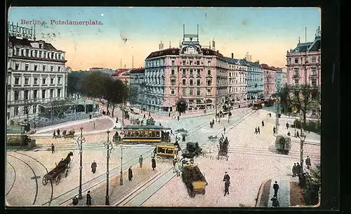 AK Berlin-Tiergarten, Potsdamerplatz mit Strassenbahn und Kutschen