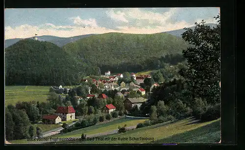 AK Bad Thal, Blick von der Tropfsteinhöhle zum Ort mit Ruine Scharfenburg