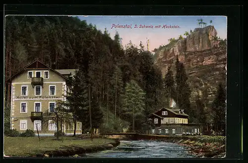 AK Polenztal /S. Schweiz, Hotel zum Polenztal mit Hockstein