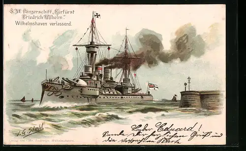 Künstler-AK Johann Georg Siehl-Freystett: S. M. Panzerschiff Kurfürst Friedrich Wilhelm Wilhelmshaven verlassend
