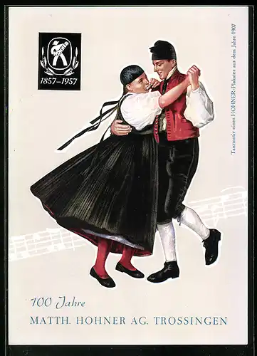 AK Trossingen, Reklame für Matth. Hohner AG, tanzendes Paar in Tracht