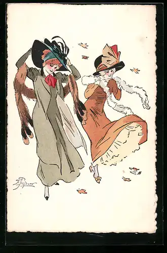 Künstler-AK sign. Prejelan, M. Munk Nr. 677: Damen beim Herbstspaziergang
