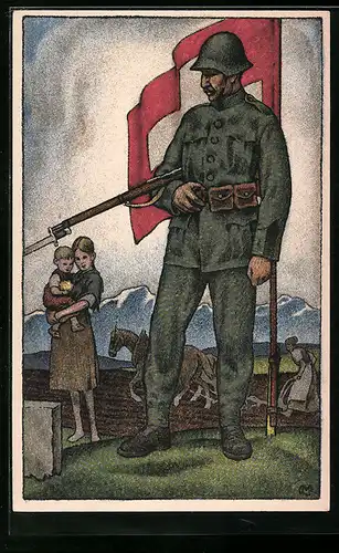 AK Soldat behütet schweizer Bauernfamilie