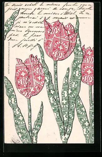 AK Briefmarkencollage rote Tulpen
