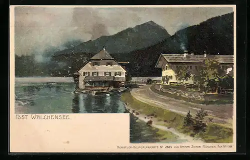 Künstler-AK Walchensee, Post Walchensee mit Strasse und See