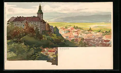 Lithographie Rudolstadt / Thür. Schloss Heidecksburg mit Blick auf Stadt