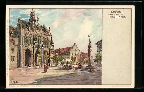 Lithographie Erfurt, Rathaus und Fischmarkt