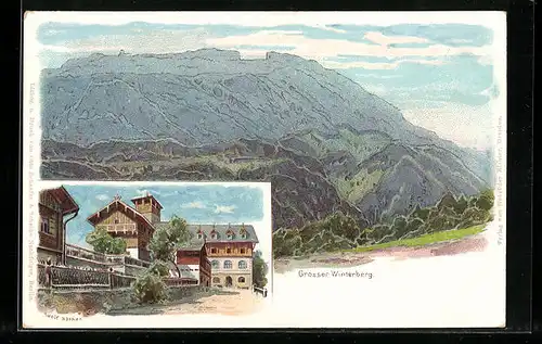 Lithographie Bad Schandau, Ortspartie mit Hotel Winterberg