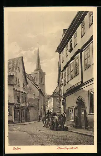 AK Erfurt, Allerheiligenstrasse mit Pferdewagen und Kirchturm
